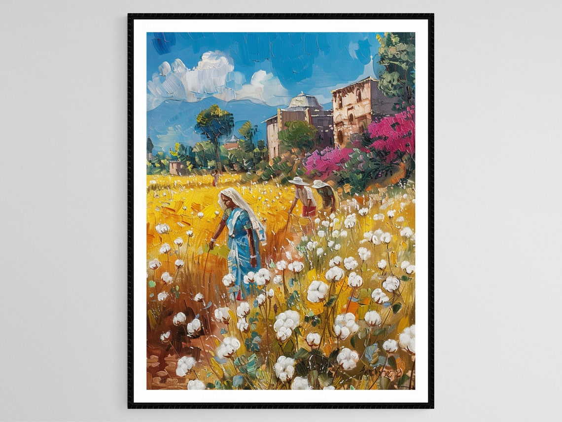 Indian Cotton Farmers Vibrant Village Painting