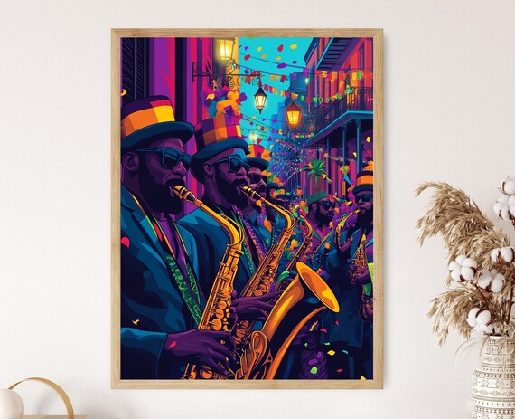 New Orleans Mardi Gras Jazz Saxophone Players on a Confetti Street Poster