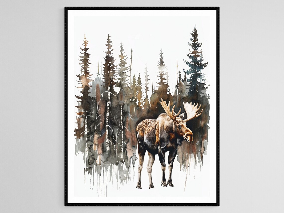 Majestic Moose in Watercolor Pine Forest Nordic Wildlife Art Poster