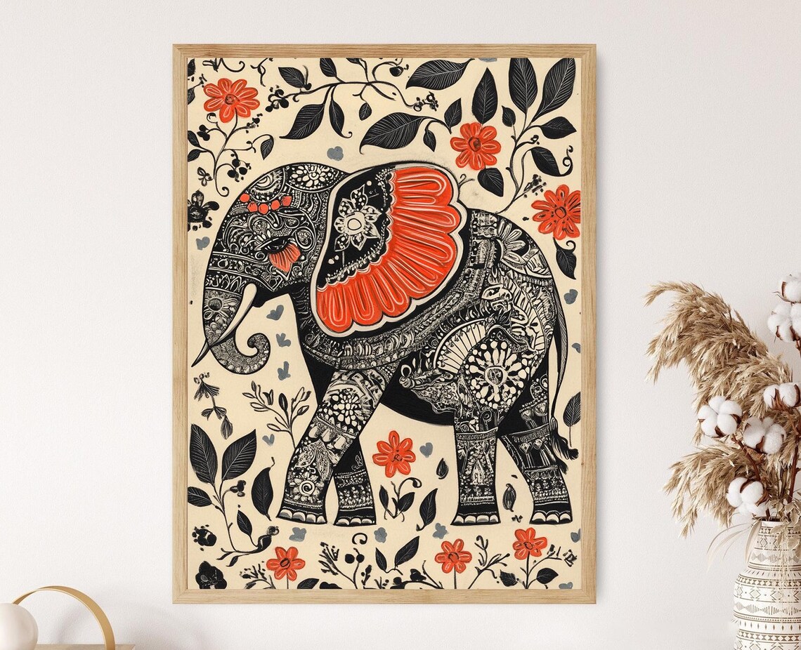 Mithila Elephant Art Print, Floral Folk Design