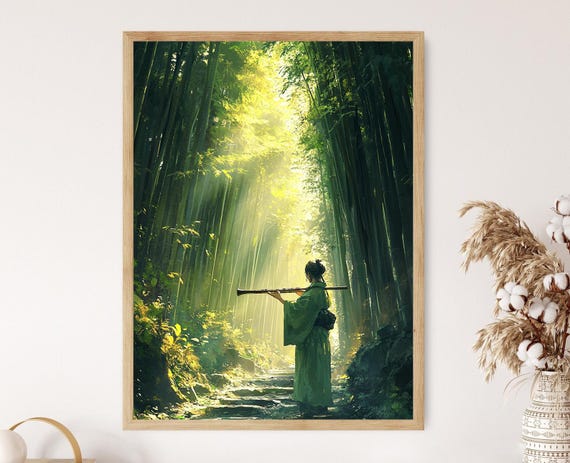 Shakuhachi Flute Player In Bamboo Forest Art Print Japanese Music Decor