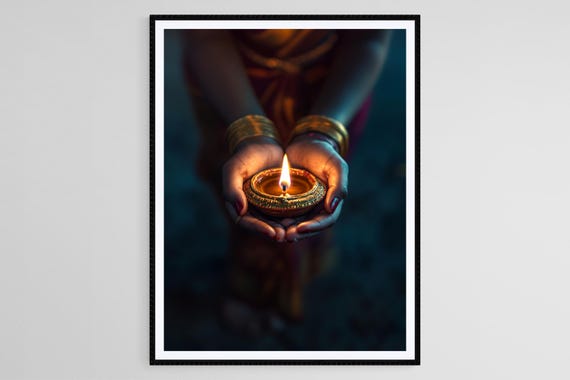 Diwali Candle Art Print Hands Holding Traditional Diya Indian Festival Of Lights