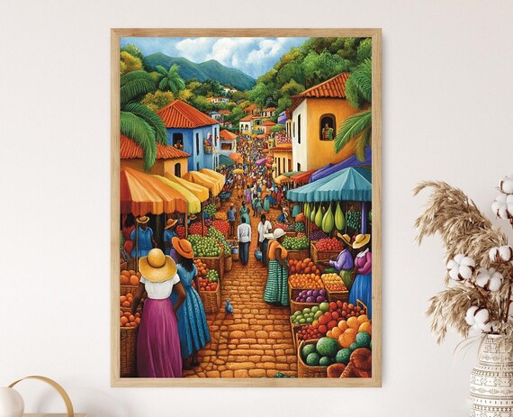 Cape Verde Marketplace Illustration Colorful Farm Market Painting African Fruit Art Wall Art For Kitchen African Restaurant Decor