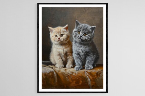 Two British Shorthair Kittens Poster in Cream and Grey on Golden Silk Fabric