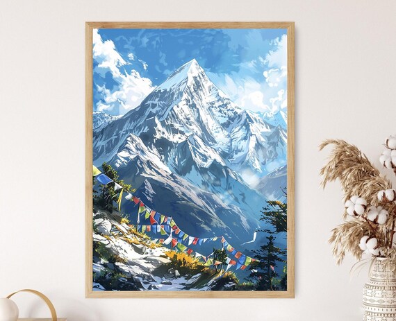 Mount Everest Snowy Peak Tibetan Prayer Flags Himalayan Mountain Poster