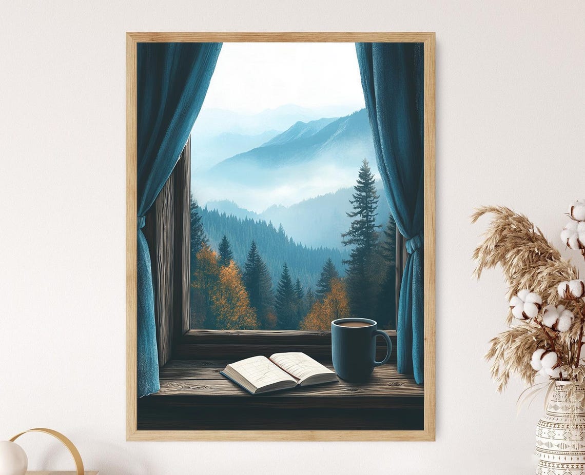 Appalachian Window View With Misty Mountains And Quilted Curtain Cozy Mountain Morning Wall Art