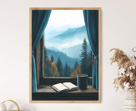 Appalachian Window View With Misty Mountains And Quilted Curtain Cozy Mountain Morning Wall Art