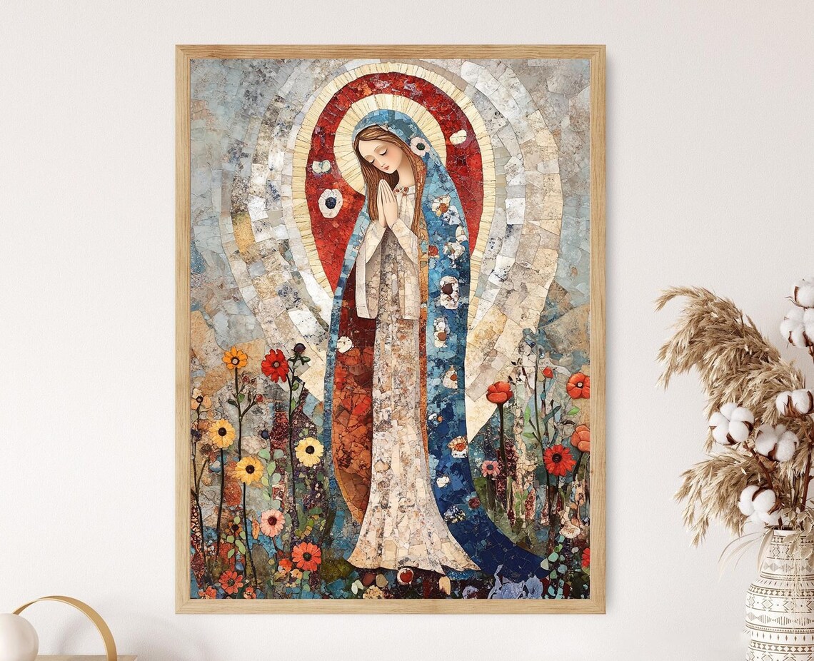 Our Lady of Lourdes Mosaic Collage Floral Catholic Virgin Mary Poster