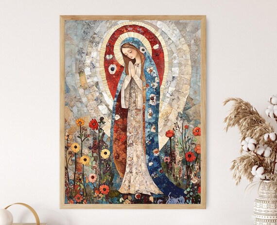 Our Lady of Lourdes Mosaic Collage Floral Catholic Virgin Mary Poster