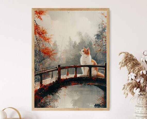 Ginger and White Cat Sitting on a Garden Bridge in Autumn Art Poster