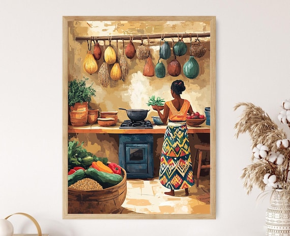 Malian Rustic Kitchen Art Print Traditional African Cooking Bogolanfini Decor