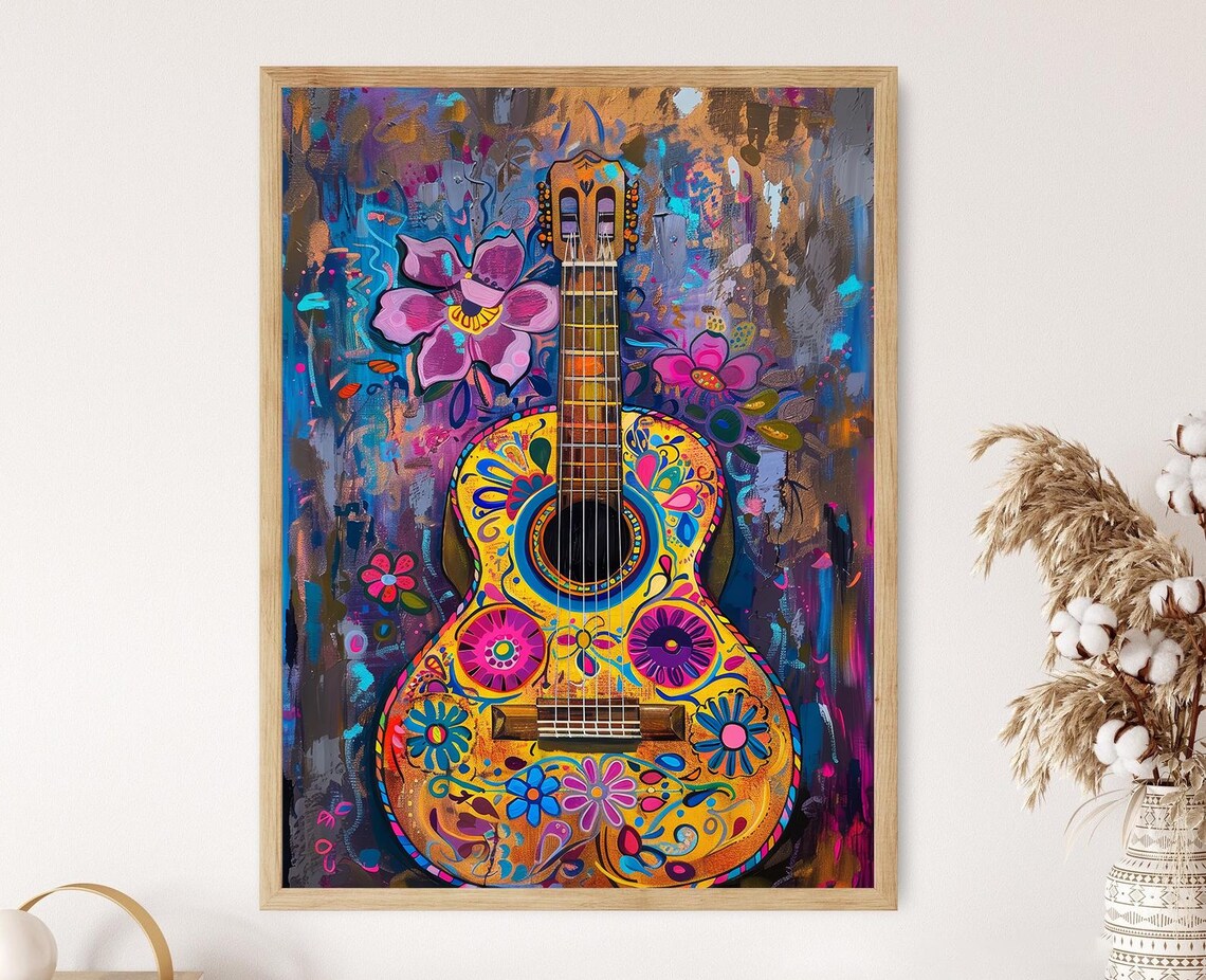 Colorful Painted Acoustic Guitar with Flowers on an Abstract Blue Canvas Poster