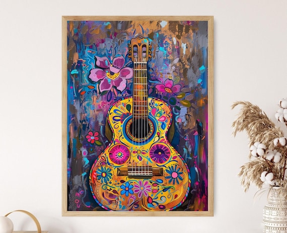 Colorful Painted Acoustic Guitar with Flowers on an Abstract Blue Canvas Poster