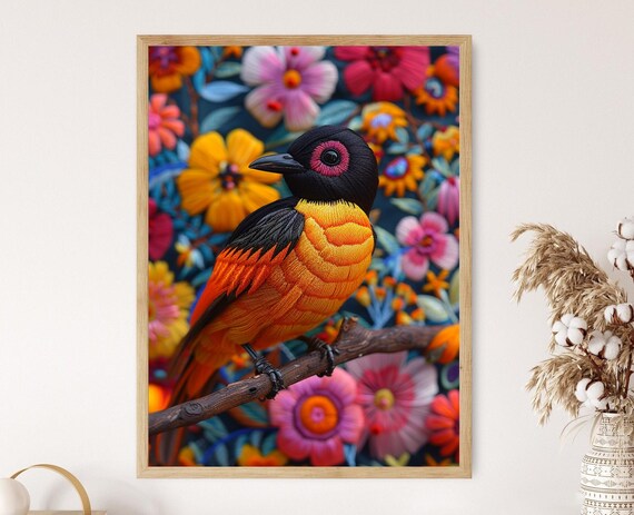Otomi Embroidery Orange Bird Colorful Tropical Flowers Poster