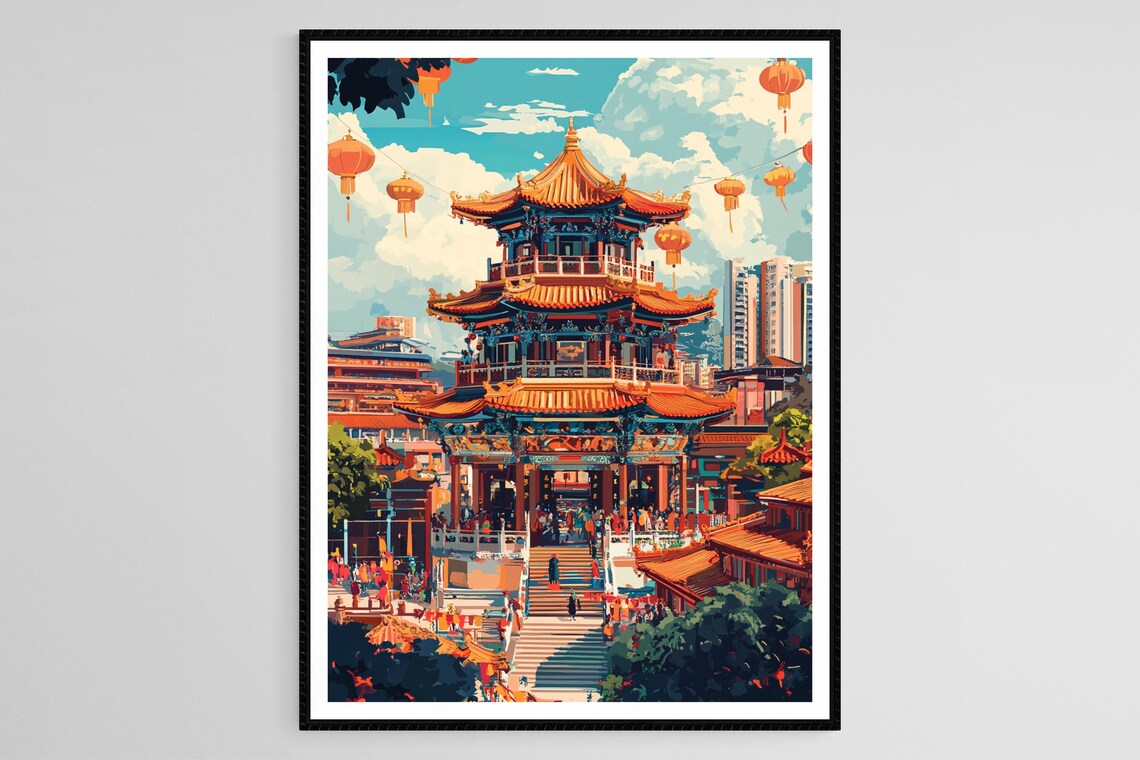 Johor Bahru Old Chinese Temple Pavilion With Red Lanterns Travel Poster