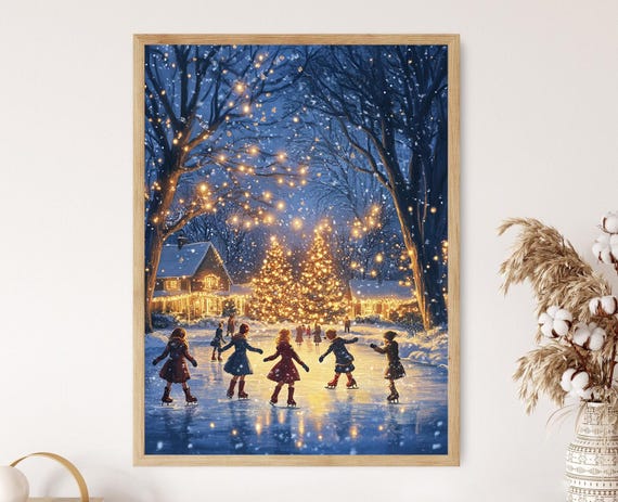 Children Ice Skating Art Print Frozen Pond And Falling Snow