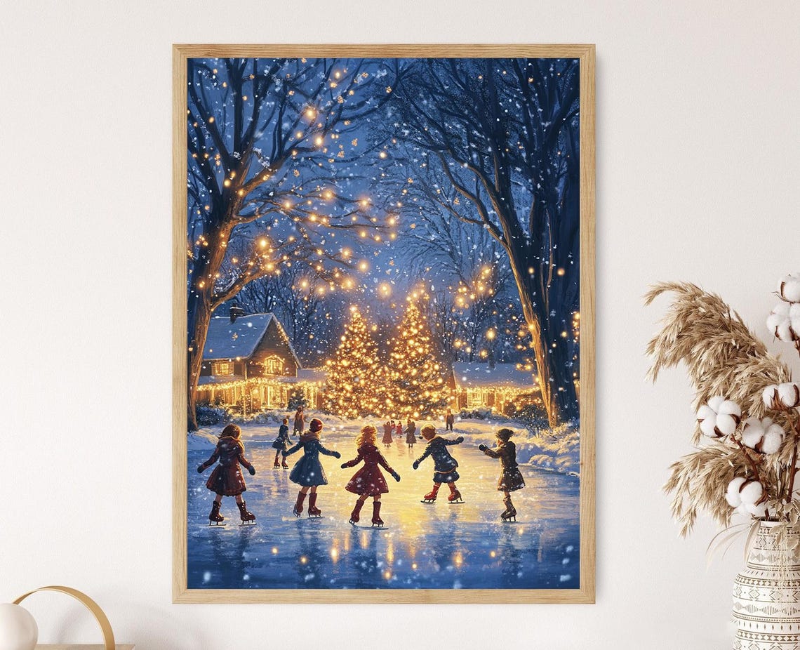 Children Ice Skating Art Print Frozen Pond And Falling Snow