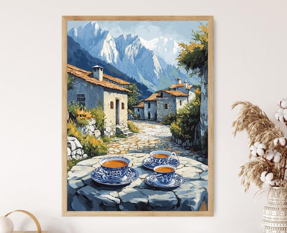 Albanian Tea Set Art Print Mountain Village Decor Poster
