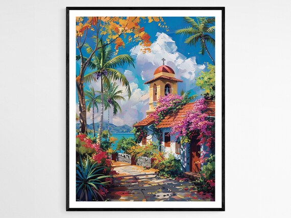 Seaside Chapel with Bell Tower Bougainvillea and Palm Trees Tropical Poster