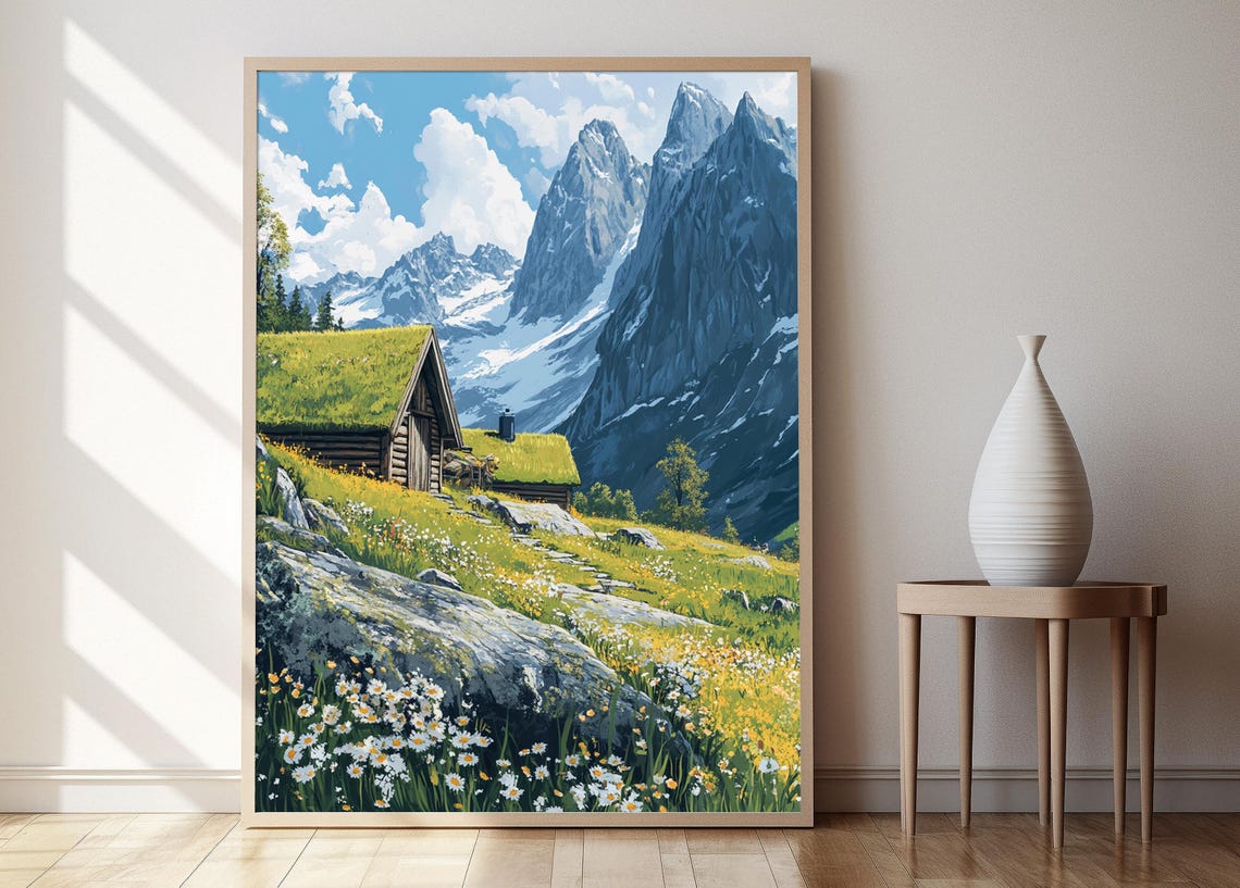 Norwegian Mountain Cabin Art Print Traditional Scandinavian Decor Poster