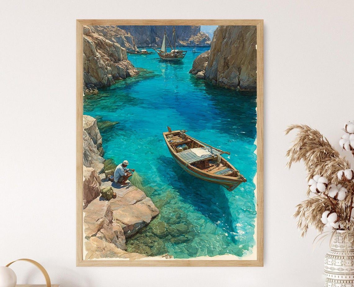 Fisherman Mending Nets on a Sunny Rocky Turquoise Cove Poster