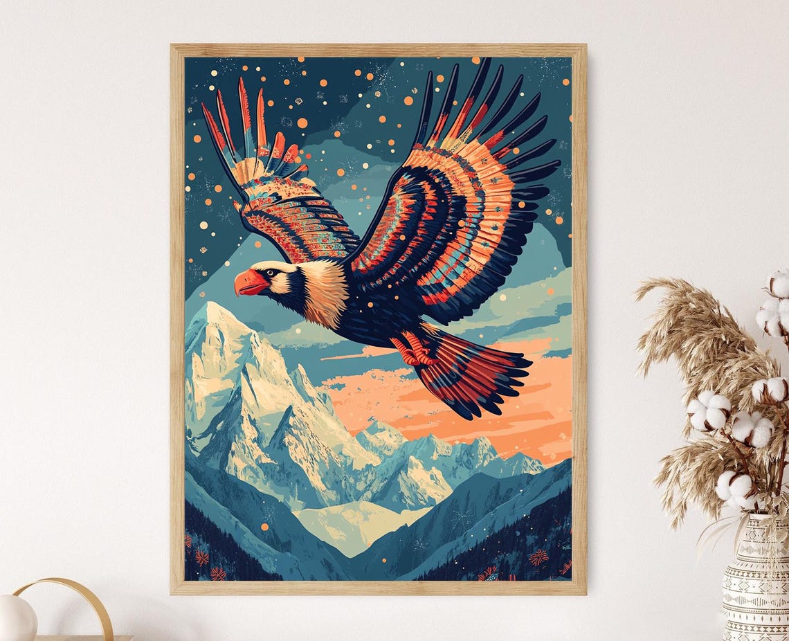 Bolivian Andean Condor Illustration Wiphala Patterns And Mountain Art Print