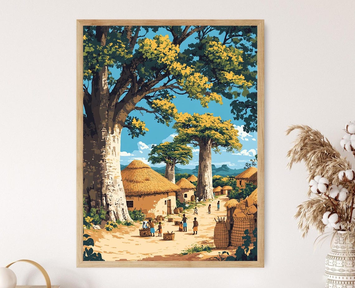 Rustic Mozambican Village Illustration Baobab Trees And Basket Weaving Art Print African Heritage Decor
