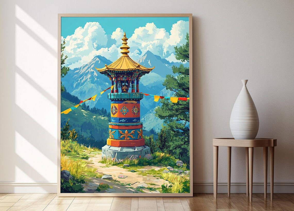 Tibetan Prayer Wheel, Himalayan Mountains Scene
