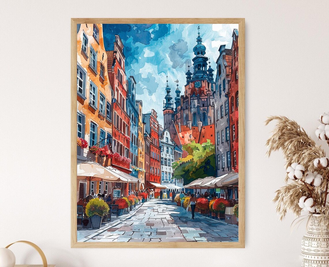 Gdansk Old Town Painting, Neptune Fountain Poland Art Print