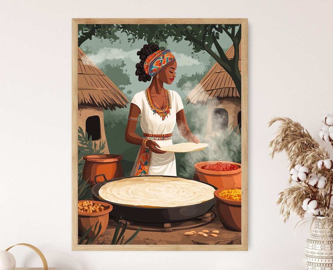 Ethiopian Woman Cooking Injera, Cultural Art Print