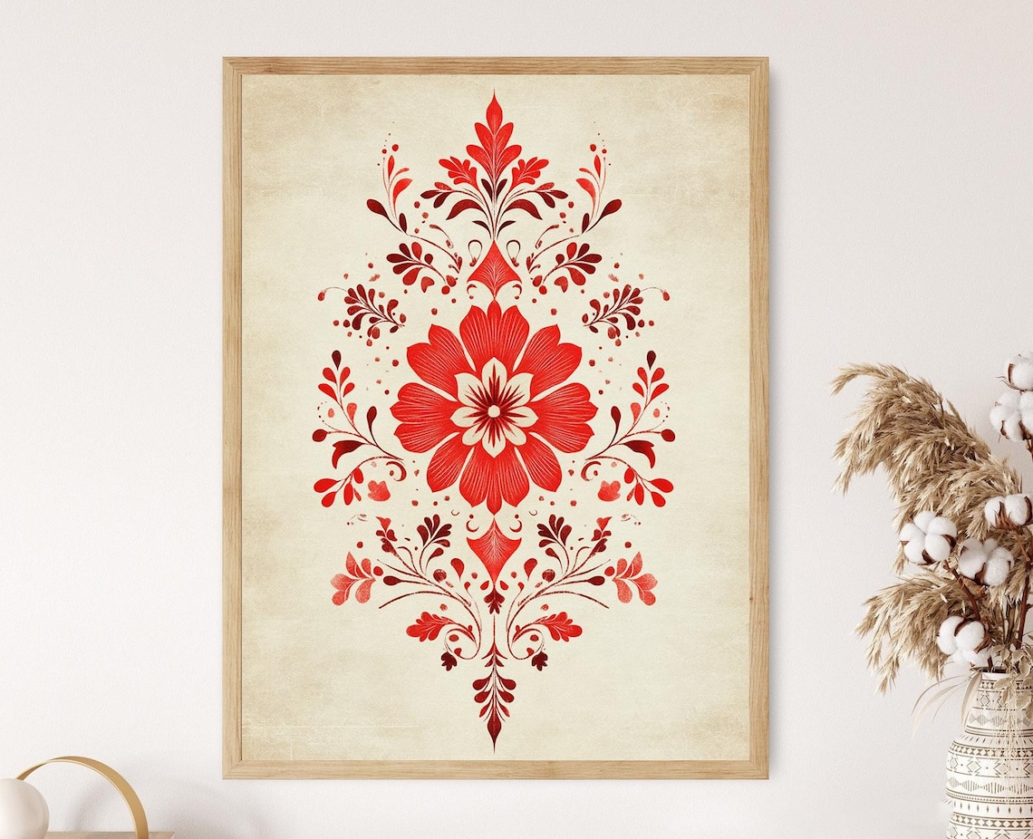 Redwork Symmetrical Floral Mandala Folk Embroidery Artwork Poster