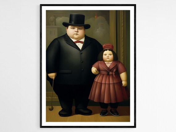 Botero Style Top Hat Gentleman And Child Portrait Funny Art Poster