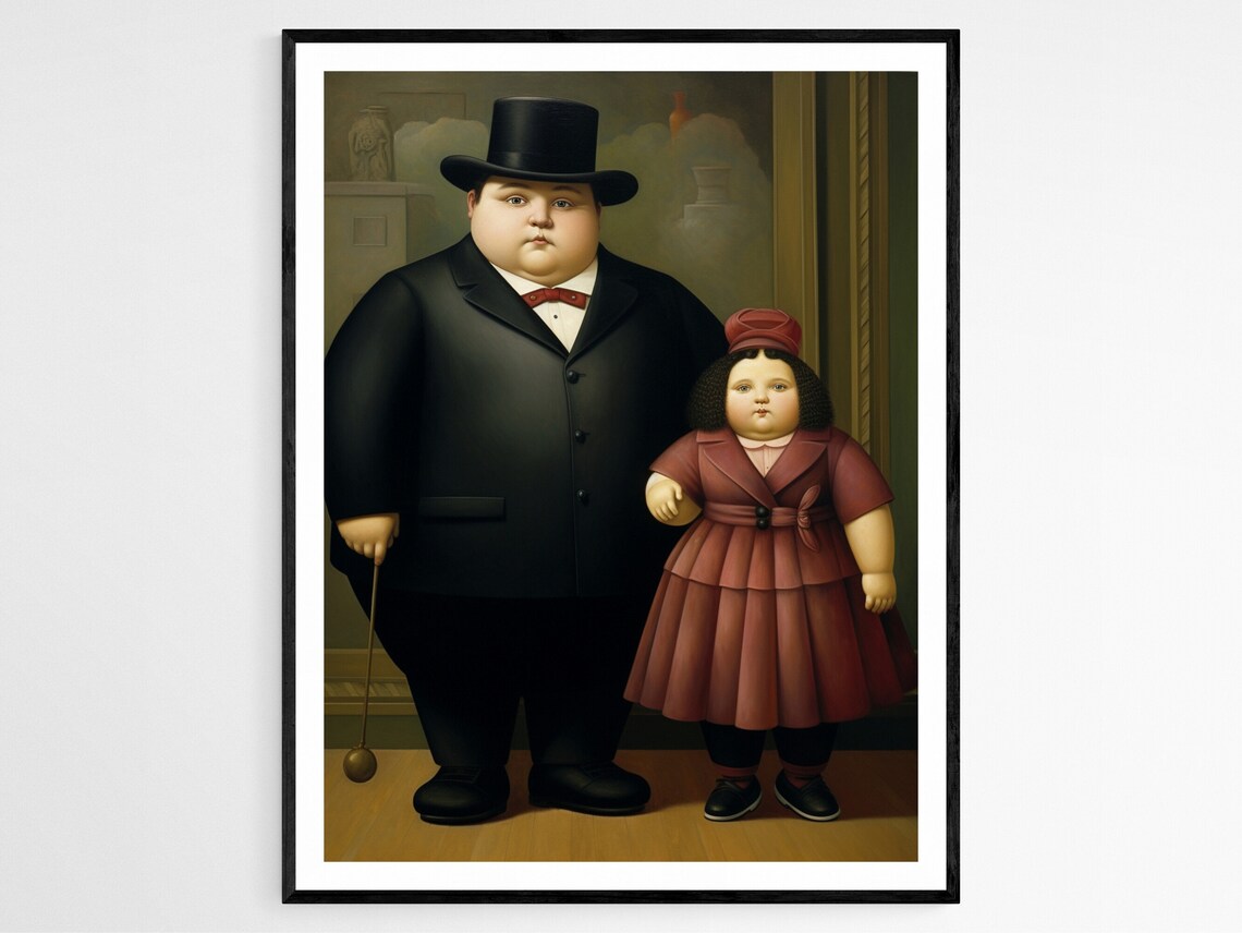 Botero Style Top Hat Gentleman And Child Portrait Funny Art Poster