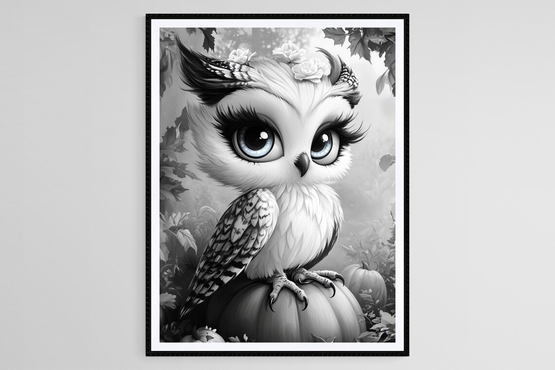 Black and White Owl Poster With Big Eyes Perched on Pumpkin in Forest
