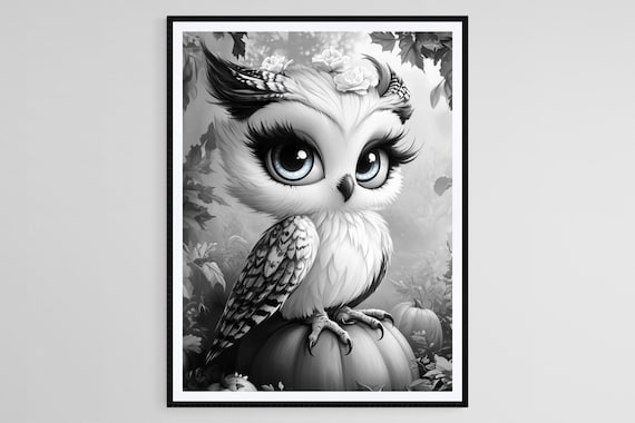 Black and White Owl Poster With Big Eyes Perched on Pumpkin in Forest