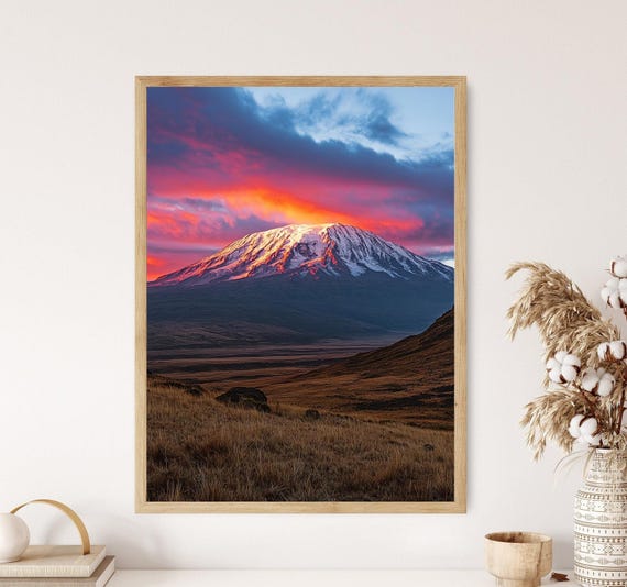 Mount Kilimanjaro Sunset Art Vibrant African Landscape Orange And Pink Sky Wall Art Print