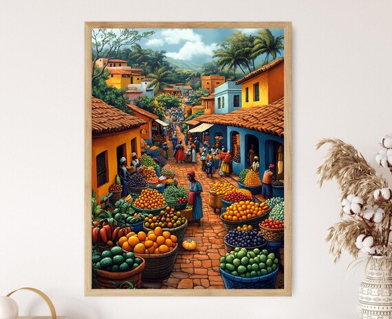 Mozambique Marketplace Illustration Colorful Farm Market Painting African Fruit Art Wall Art For Kitchen African Restaurant Decor