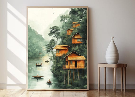 Assam Village Art Print Brahmaputra River And Tea Gardens