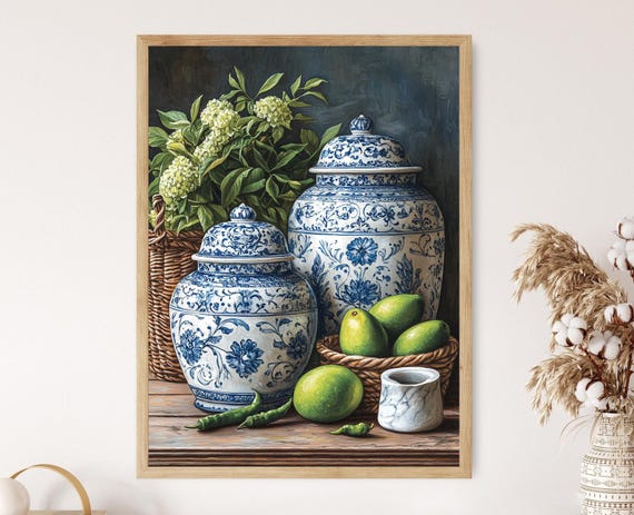 Indian Blue Pottery Pickle Jar Art Print Mughal Motif Kitchen Decor Traditional Ceramic Ornament