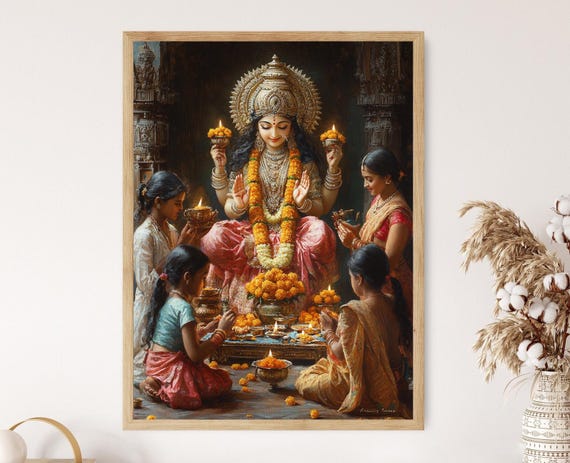 Lakshmi Blessing Gudi Padwa Hindu Festival Art Print Indian Home Decor Goddess Painting Ethnic Spiritual Art