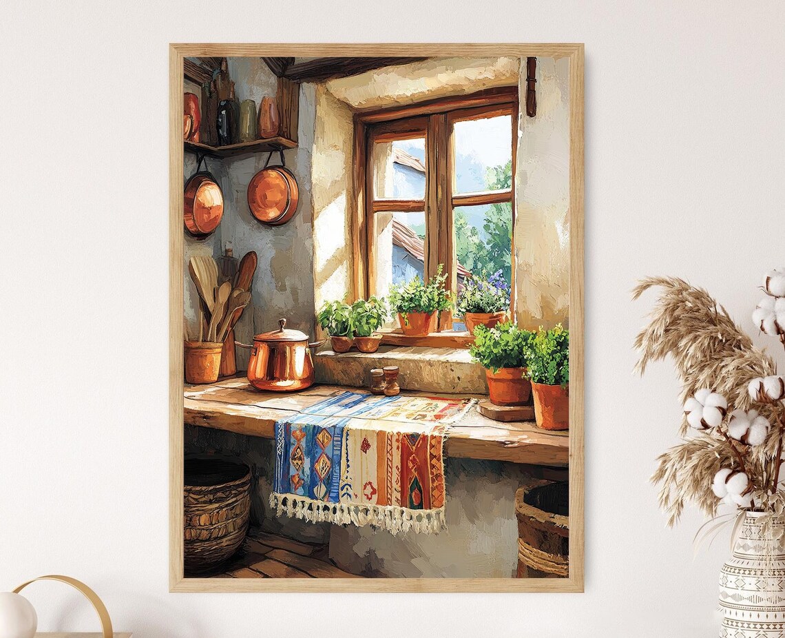 Cozy Bosnian Kitchen, Copper Coffee Pots Art Print