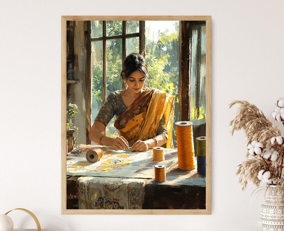 Indian Woman Hand Embroidery at Sunlit Window with Threads Poster