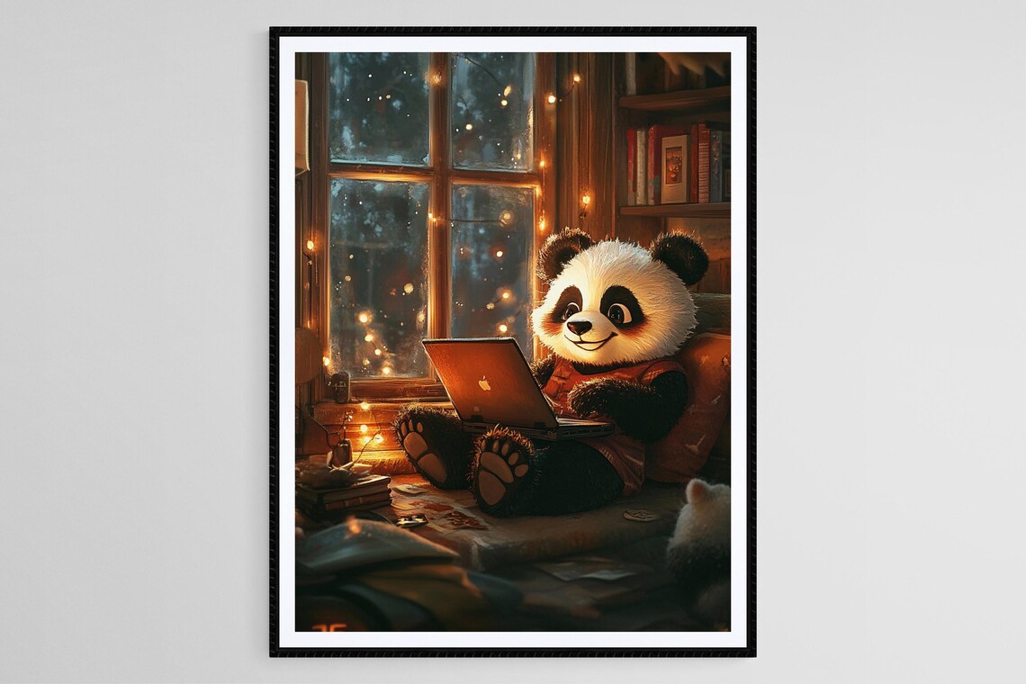 Cozy Panda Working On Laptop By Night Window Fairy Lights Poster