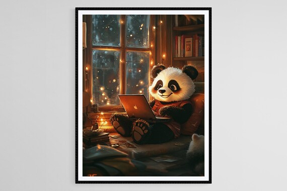 Cozy Panda Working On Laptop By Night Window Fairy Lights Poster