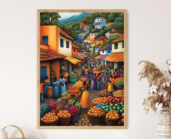 Ghana Marketplace Illustration Colorful Farm Market Painting African Fruit Art Wall Art For Kitchen African Restaurant Decor
