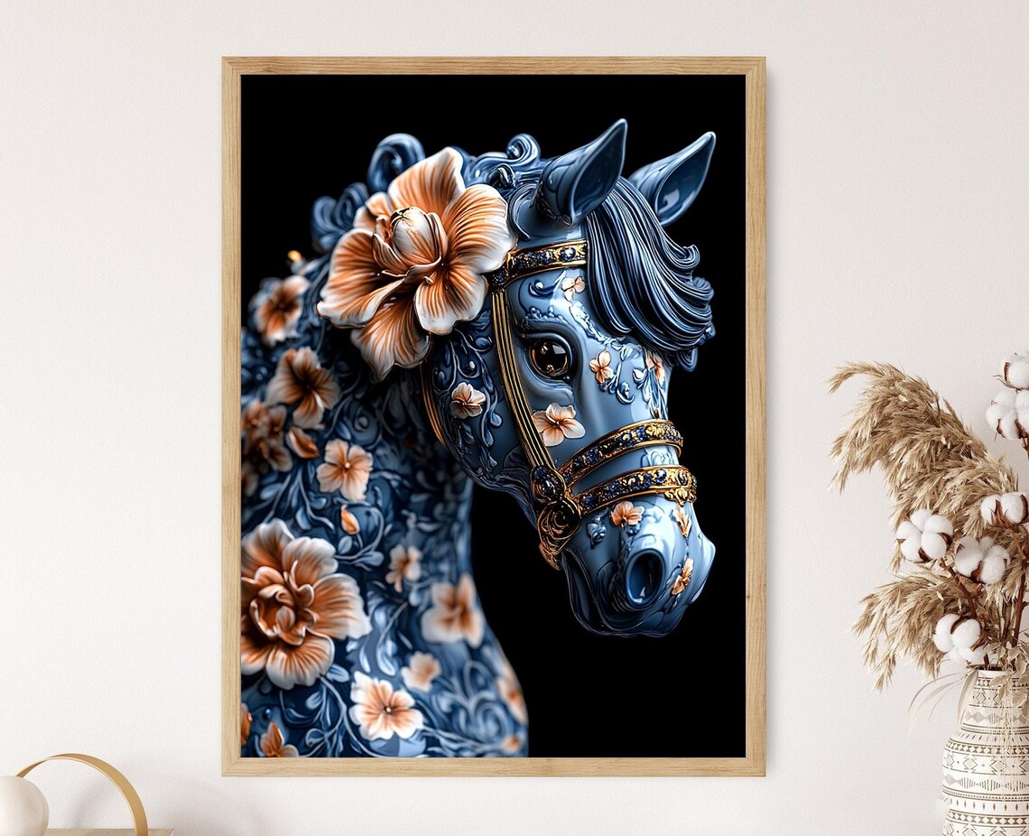 Luxury Ceramic Horse Artwork Ornate Floral Equine Print Gold Accented Decorative Wall Art