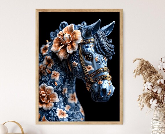 Luxury Ceramic Horse Artwork Ornate Floral Equine Print Gold Accented Decorative Wall Art
