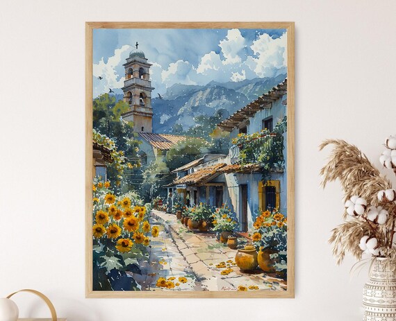Mexican Village Church Bell Tower Sunflower Street Scene Poster