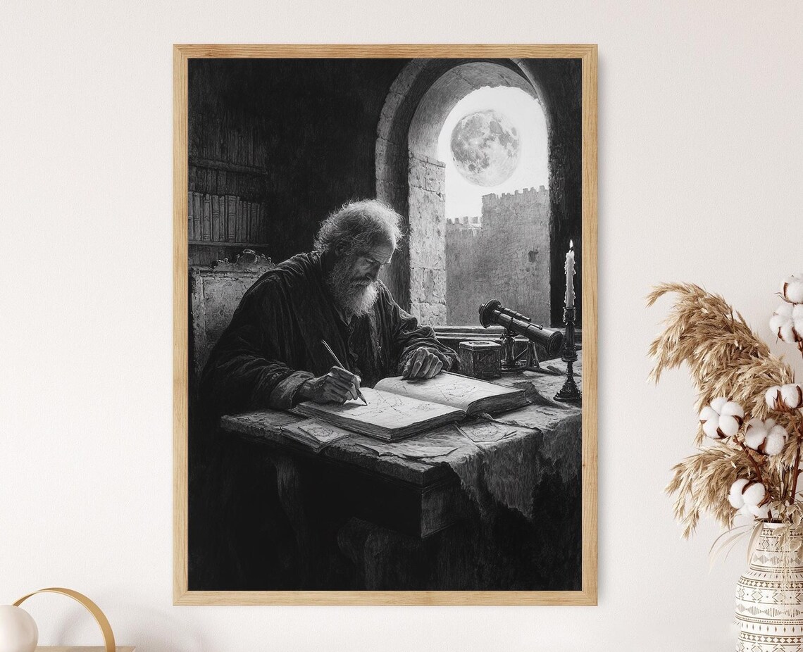 Galileo Sketching The Moon Vintage Telescope Pencil Drawing Art Poster