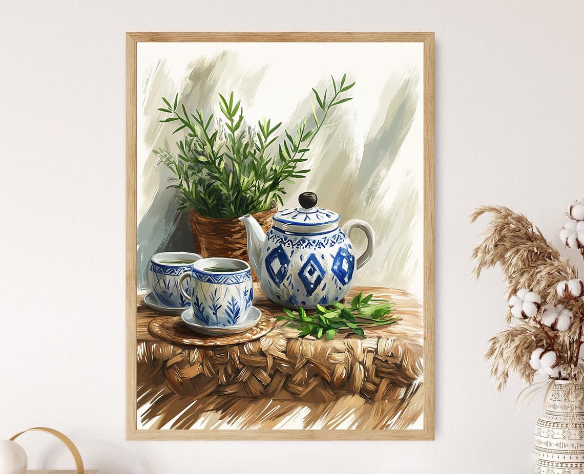 Polish Pottery Teapot With Geometric Patterns Art Print Rustic Kitchen Decor Poster
